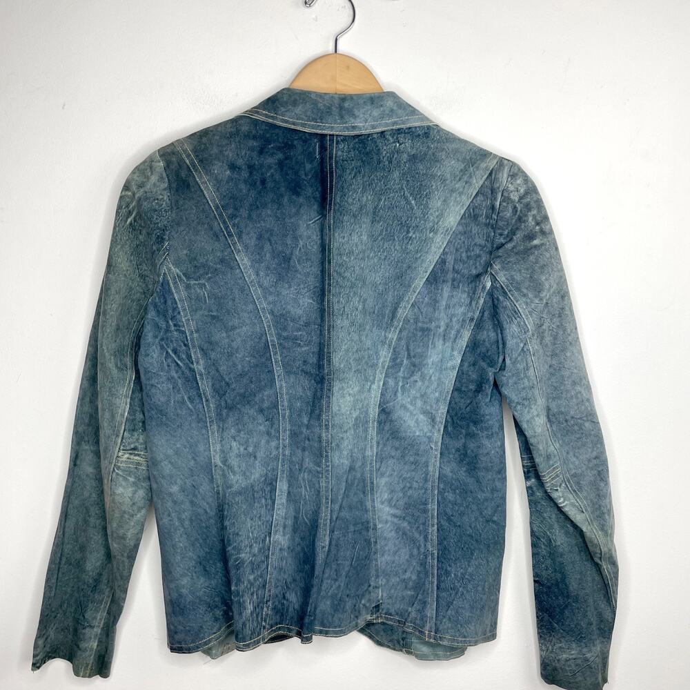 Illia Denim Leather Blazer Sz 8 Blue Suede Denim Look Indie Sleaze Y2K Eclectic - Picture 6 of 10